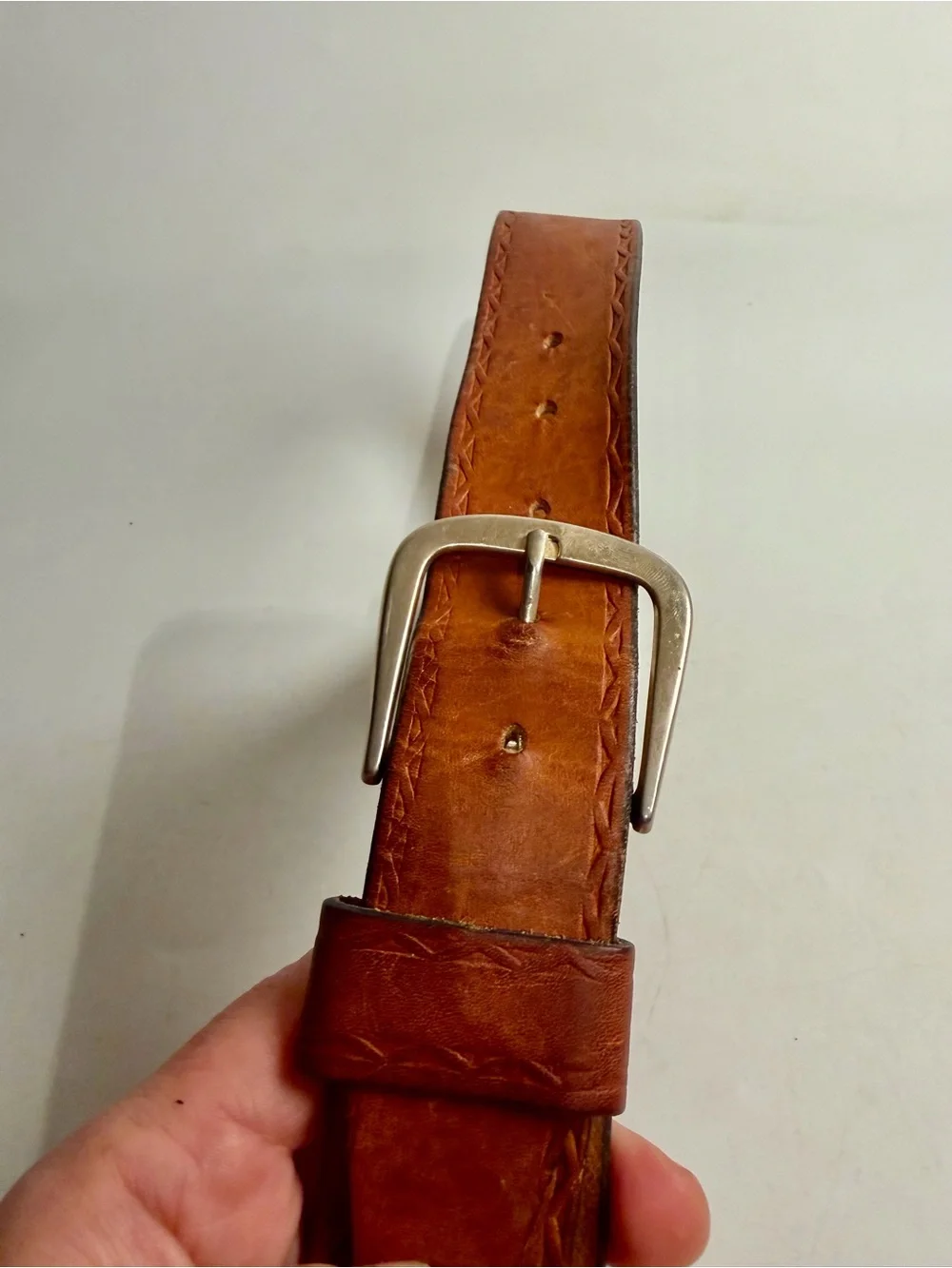 VTG Devonshire 34 1.5” Moccasin Elk Leather Belt Top Grain Silver Brass Buckle